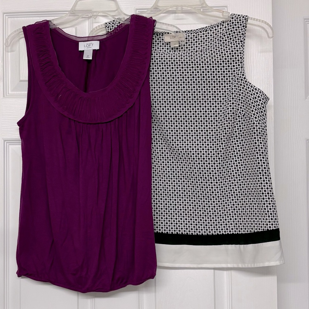 Ann Taylor Loft Lot of 2 Sleeveless Tops Purple Ruffle Neckline Black White SP